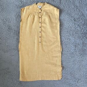 Talbots Knee Length Shift Dress Womens 12 Petite 100% Linen Yellow Buttons